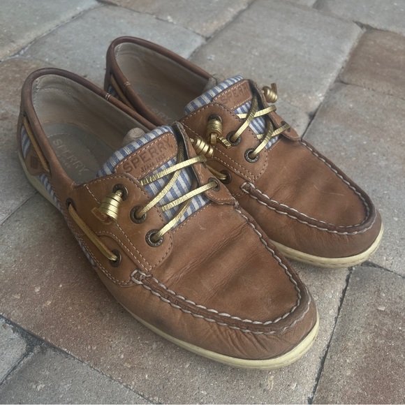 Sperry Size 8.5 Women's Songfish Blue Striped with Gold Metallic Laces Boat Shoe - Picture 1 of 7